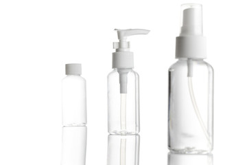 Blank bottle for soap shampoo and mineral cosmetic. Clear plastic cap for sanitizer gel or water isolated on white. Spray, pump transparent background.