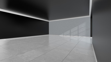 Empty black room with large walls. 3D rendering.