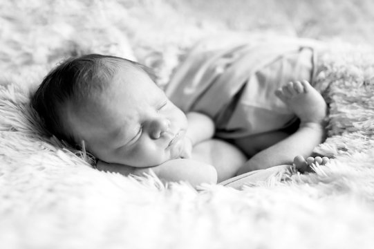 sweet and beautiful sleeping newborn baby boy or girl. Lies in the fur with wrap and sleeps. Black and white picture
