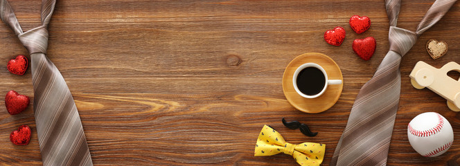 Father's day concept over wooden background. top view, flat lay. banner