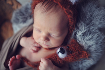 Newborn baby boy wrapped in brown wrap on gray furry rabbit blanket with knitted woolen cap like a fox and with knitted fox toy in wooden bowl
