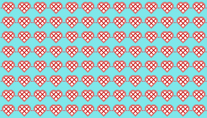 Red hearts made from square blocks connected by horizontal lines in a repeating pattern against a light blue background