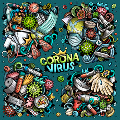Vector doodles cartoon set of Coronavirus objects and elements