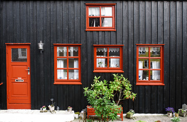 Fototapeta na wymiar black house with red windows and door