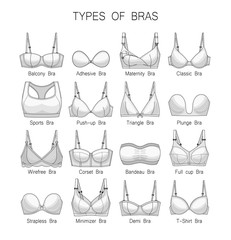 Women's underwear. Types of bras. Set of white bras. - obrazy, fototapety, plakaty