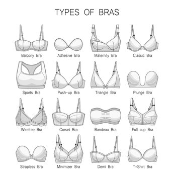 Women's underwear. Types of bras. Set of white bras.