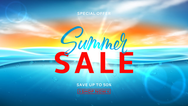 Summer sale background template. Vector illustration with deep underwater ocean scene. Realistic background with sea landscape with sunset or sunrise.