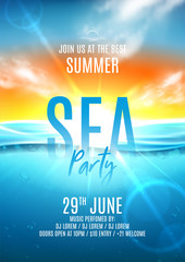 Summer sea party flyer template. Vector illustration with deep underwater ocean scene. Realistic background with sea landscape with sunset or sunrise. Invitation to nightclub.
