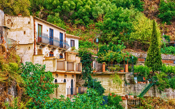 Beautiful landscape with Savoca village in mountains Sicily reflex