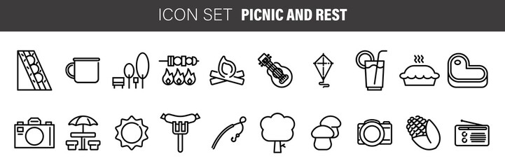 Set of black flat line vector icons for barbecue or picnic outdoor rest on white background.
