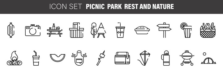 Set of black flat line vector icons for barbecue or picnic outdoor rest on white background.