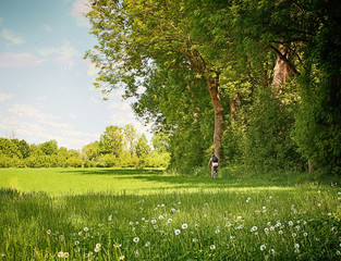 Bavaria, Germany - rider with bike at Isarauen national park , the green spot of dense trees along the Isar river near Munich, ideal place to walk and  hiking