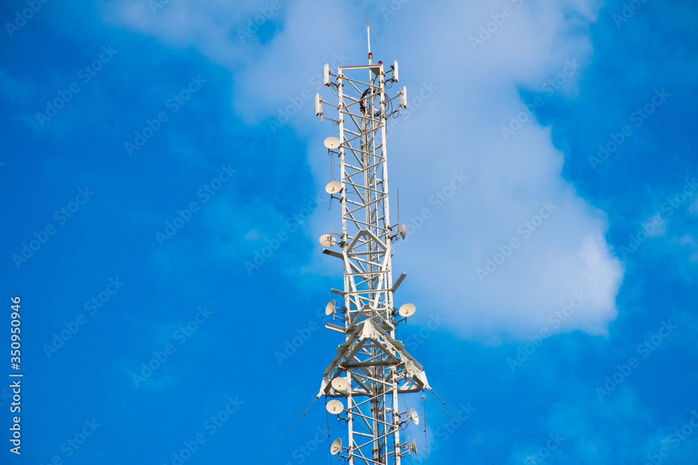 Wall mural telecommunication tower of 4g and 5g cellular. antenna transmission communication. cell phone signal