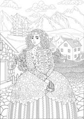 Coloring book for adults with beautiful medieval princess dressed in historical outfit stading in the cute village and beautiful castle in the background