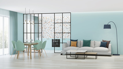 Modern house interior. Blue kitchen with terrazzo apron behind glass partitions. 3D rendering.