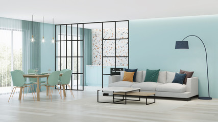 Modern house interior. Blue kitchen with terrazzo apron behind glass partitions. 3D rendering.