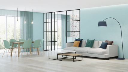 Modern house interior. Blue kitchen with terrazzo apron behind glass partitions. 3D rendering.