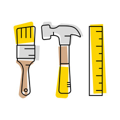 Tools set. Thin line art icons. Flat style illustrations isolated on white. Brush, hammer, tape measure.