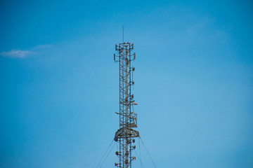 Telecommunication tower of 4G and 5G cellular. Antenna transmission communication. Cell phone...