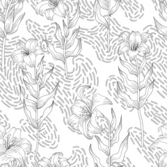 Seamless pattern with beautiful garden flowers - lilies. Coloring page with botanic objects for wrapping paper, cover of coloring book or textile design. Vector illustration