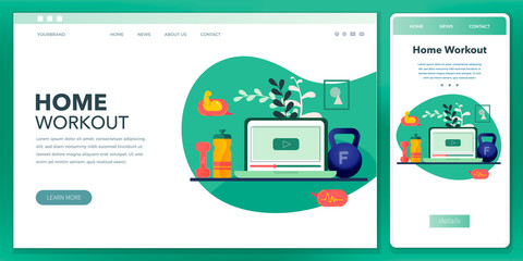 Fitness icons at home, workout at home, sports exercises online. Cross-platform develop landing page website vector template. Browser and mobile phone template with place for your text.