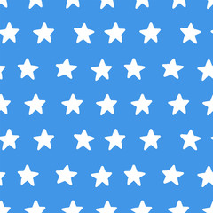Obraz premium Stars on blue background seamless pattern. Vector hand drawn doodles flat illustration.