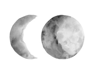 Set of two phases of the moon. Crescent moon and the full moon. Gray earth satellites . Watercolor illustration isolated on white background.