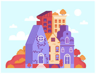 Vector illustration of town houses on a background of sky and clouds in a cute flat style.