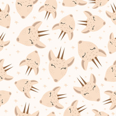 Seamless pattern with a cute deer on a beige background. Vector illustration with a deer. Children's print. Children's postcards. Doodle style. Design of packaging paper, fabrics, dishes. Forest deer.