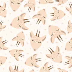 Foto op Plexiglas Baby hert Naadloos patroon met een schattig hert op een beige achtergrond. Vectorillustratie met een hert. Afdruk voor kinderen. Ansichtkaarten voor kinderen. Doodle stijl. Ontwerp van verpakkingspapier, stoffen, borden. Bos herten.
