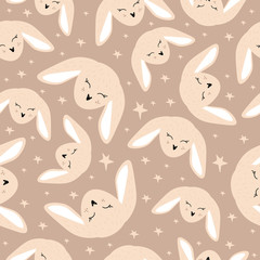 Fototapeta na wymiar Seamless pattern with a cute rabbit on a brown background. Vector illustration with a hare. Doodle style. Design of packaging paper, fabrics, clothing. Wild rabbit. Easter print. Children's pattern.