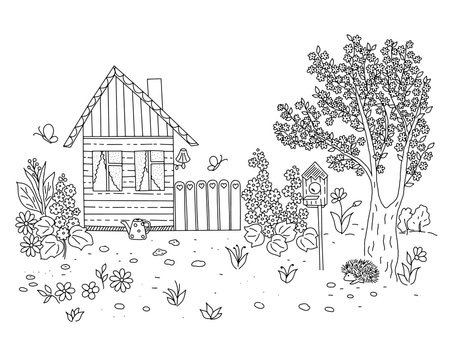 Outline vector illustration of the spring pastoral scene house, yard, garden, blooming trees, flowers, simple hand drawn style image for coloring book