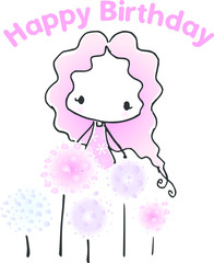 cartoon cute girl happy birthday card 
