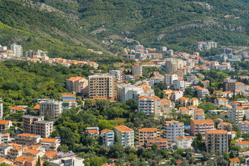 Obraz premium Sunny aerial panoramic view of old town of Budva and Riviera, Montenegro.