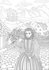 Coloring book for adults with beautiful medieval princess dressed in historical outfit stading in the cute village and beautiful castle in the background