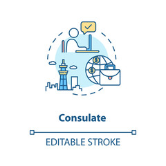 Consulate concept icon. Diplomatic mission. International organisation idea thin line illustration. Foreign country representative. Vector isolated outline RGB color drawing. Editable stroke