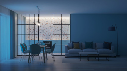 Modern house interior. Blue kitchen with terrazzo apron behind glass partitions. Night. Evening lighting. 3D rendering.
