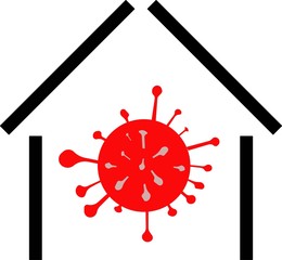 Red coronavirus symbol in the house. Isolation of infected people. Vector icons on a white background.