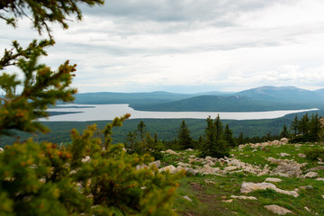 Fototapeta na wymiar View of lake Zyuratkul from the top of the mountain
