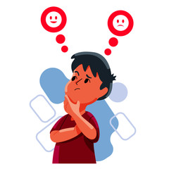 son thinking decision concept. happy or sad choice. vector and illustration.
