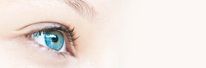 Close up on a girl blue eye, panoramic web banner with copy space