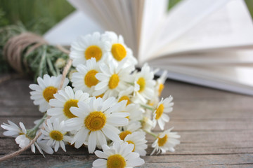 Obraz premium White daisies bouquet on a wooden table on a blurred open book background. Dreamy summer outdoor still life 