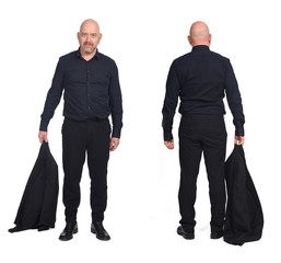 same man holding the jacket front and back view on white background