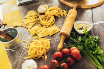 Different types of homemade pasta. Fresh pasta homemade preparation