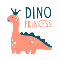 Cute pink dinosaur vector illustration with text lettering 