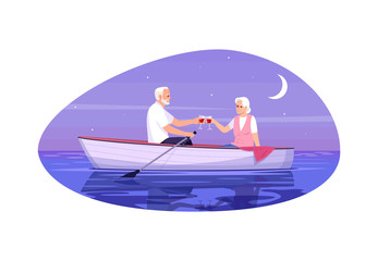 Senior adult couple semi flat vector illustration. Old husband and wife. People flirting in boat. Man and woman drink wine together. Romantic night date 2D cartoon characters for commercial use
