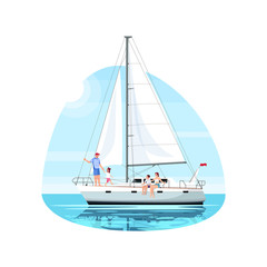 Family on regatta semi flat vector illustration. Man with daughter on boat. Mother with son on ship. Private yacht for voyage. Summer recreation 2D cartoon characters for commercial use