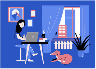 Vector illustration of a home workplace on a bright blue background 