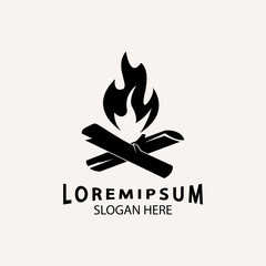 vintage Hipster bonfire Campfire logo badge label vector illustration on dark background. Crossed logs of wood and fire flame Classic badge