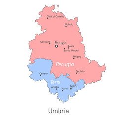Vector illustration: administrative map of Umbria with the borders of the provinces. Names of cities, regions and communes of Umbria
